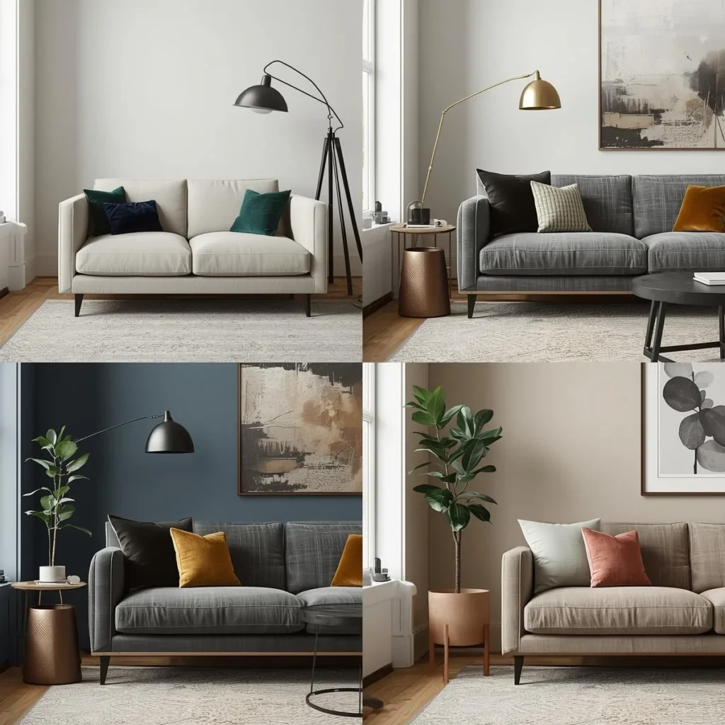 Four grey sofa looks styled with navy, emerald, mustard and coral pillows and different wall colors