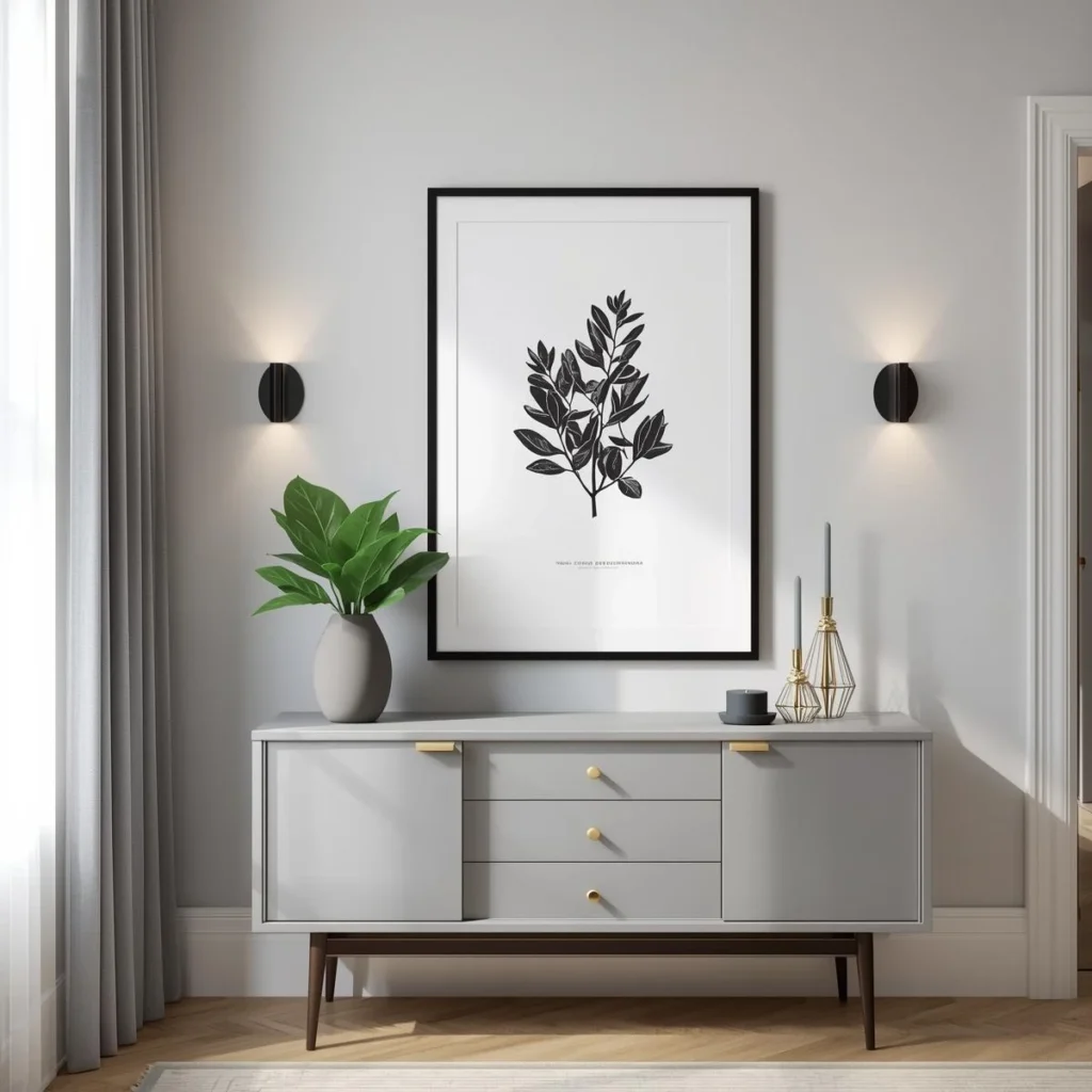 Matching frames with simple art above a modern sofa