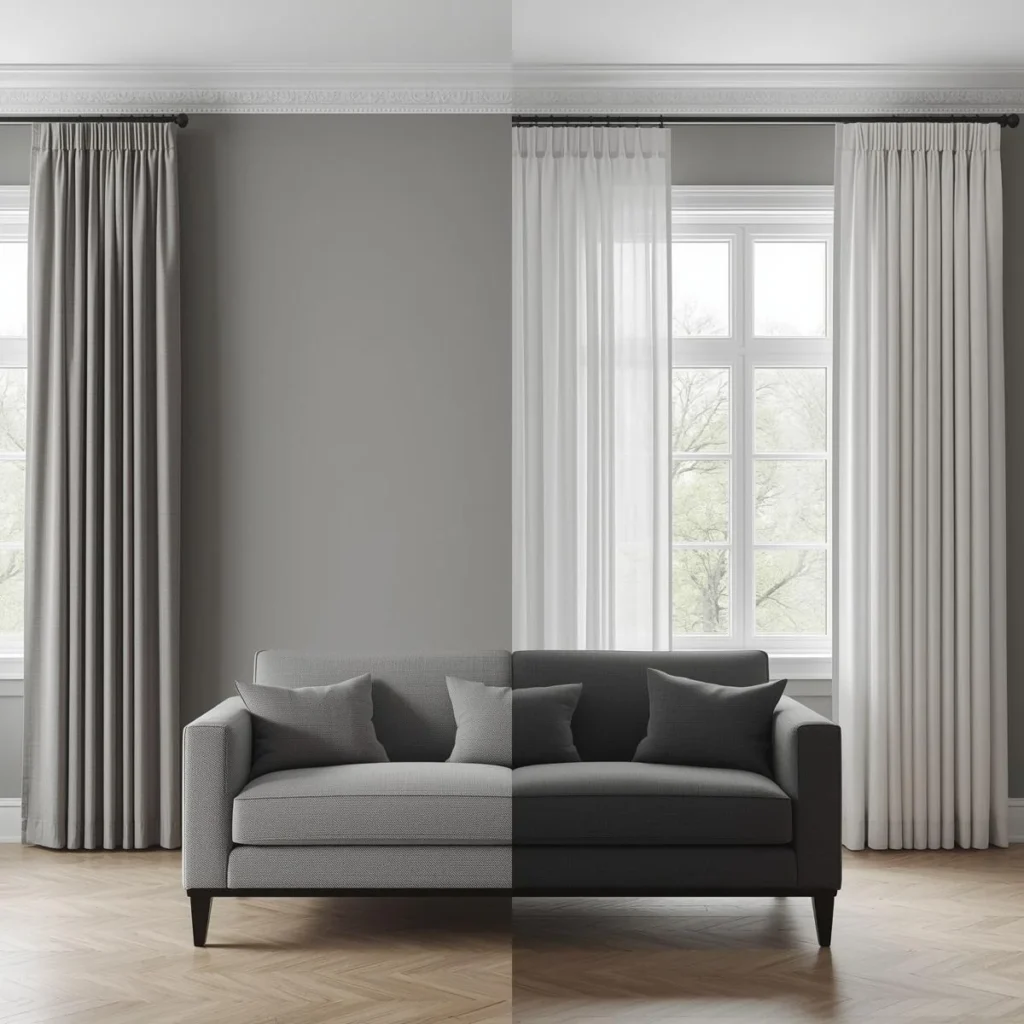 Grey sofa with heavy grey curtains on one side and sheer white floor to ceiling curtains on the other