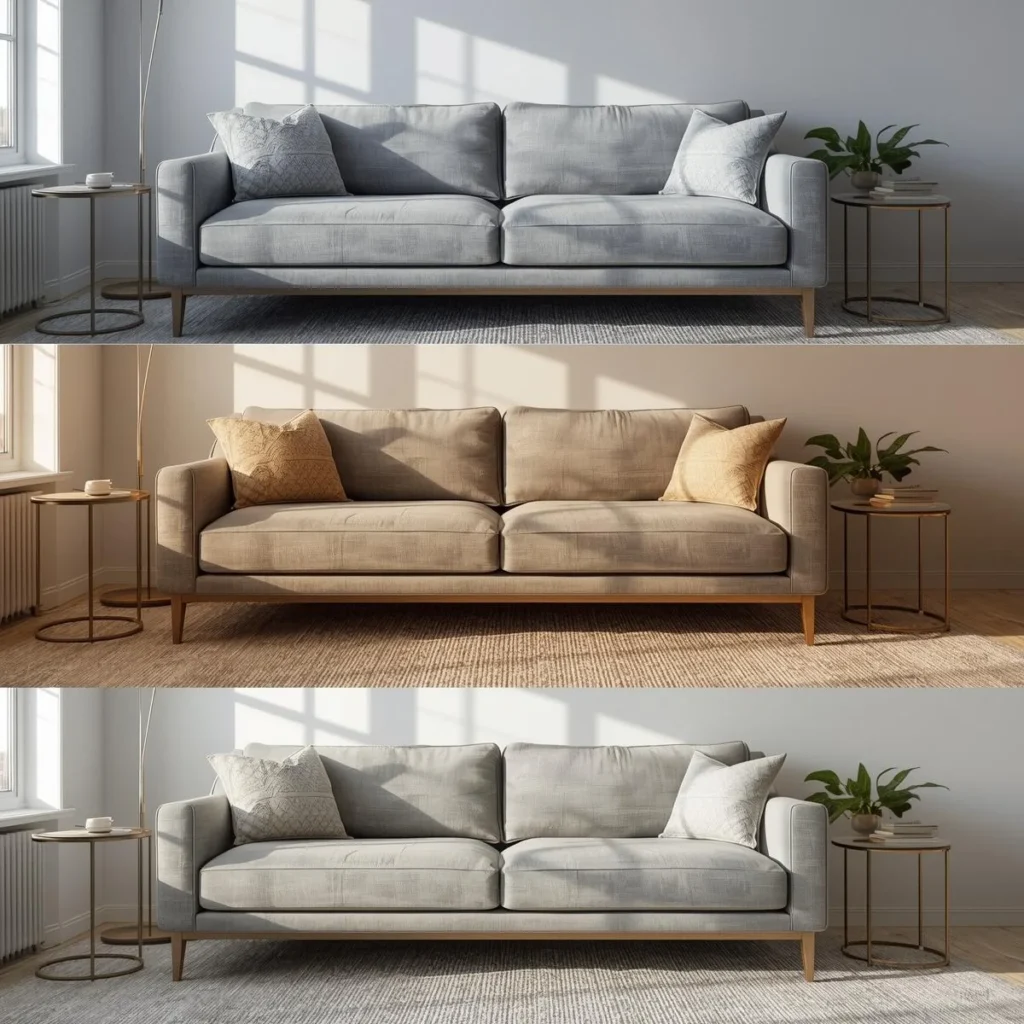 Three grey sofas showing cool grey, warm greige and neutral grey undertones in the same sunlit room