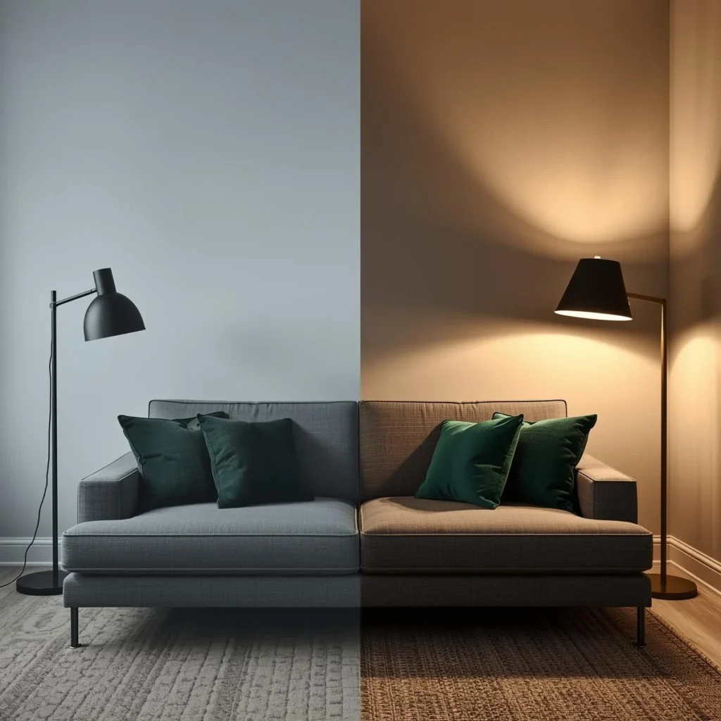 Grey sofa with green pillows shown in cool daylight on one side and warm lamp light on the other