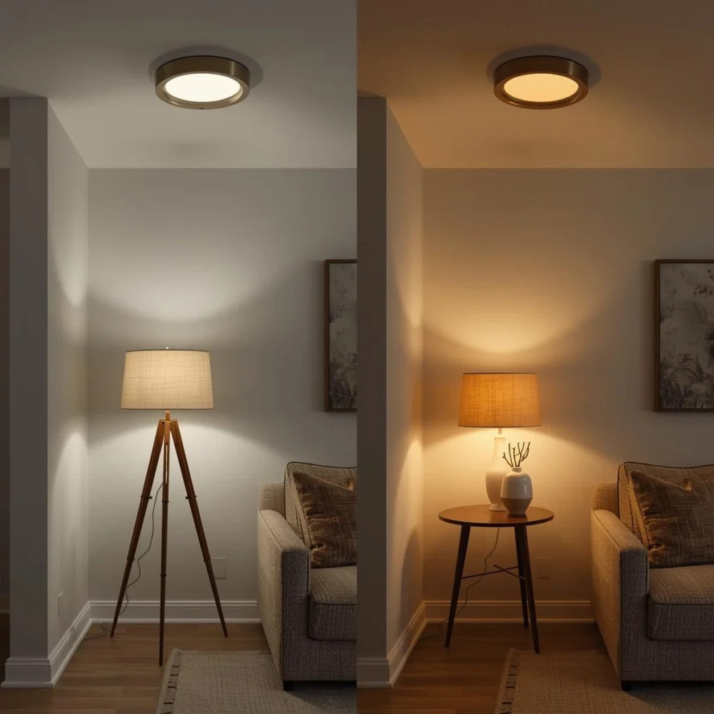 Warm layered lighting with floor lamp and table lamp in a modern living room