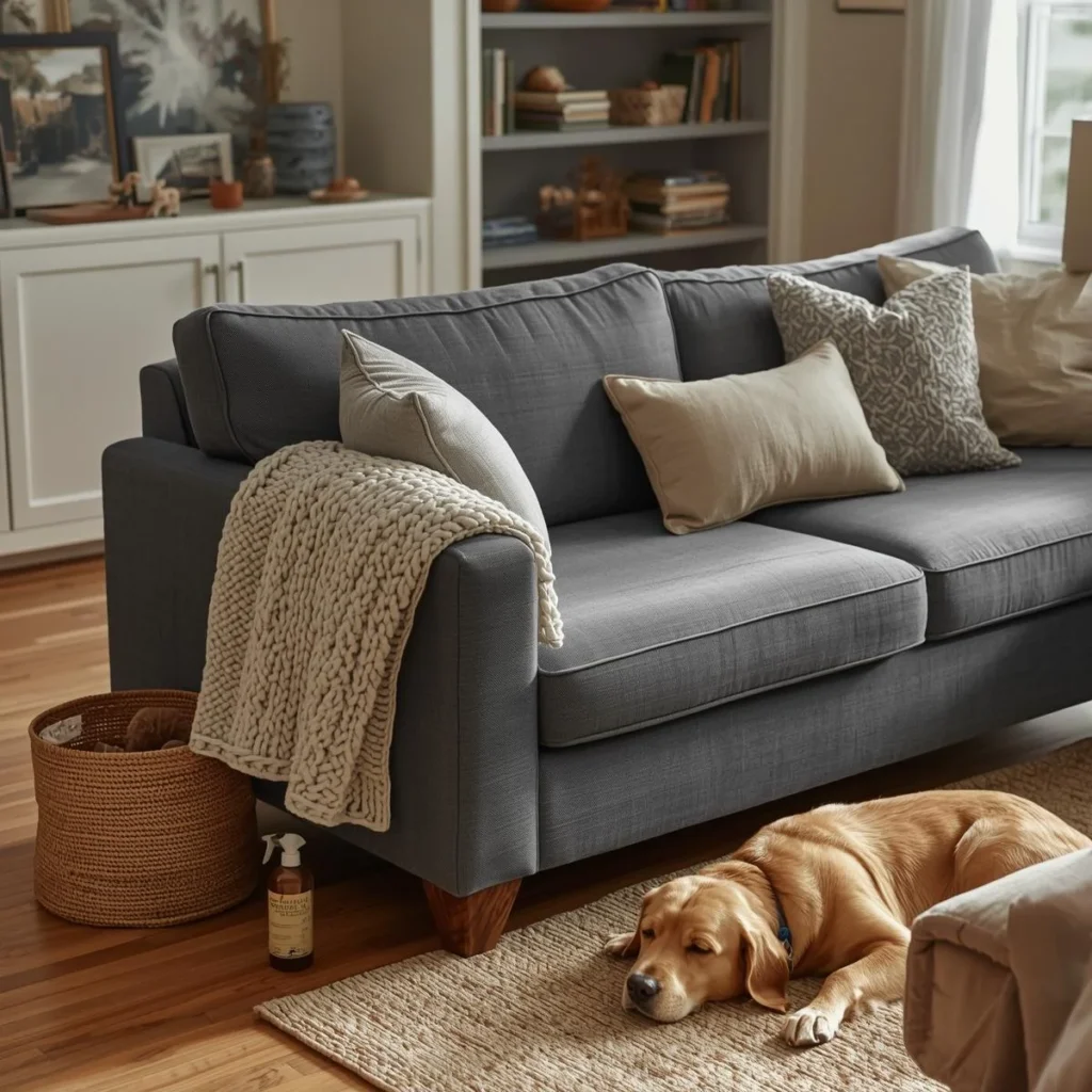 Charcoal grey sofa with a knit throw and cream pillows, a dog resting on a jute rug beside it