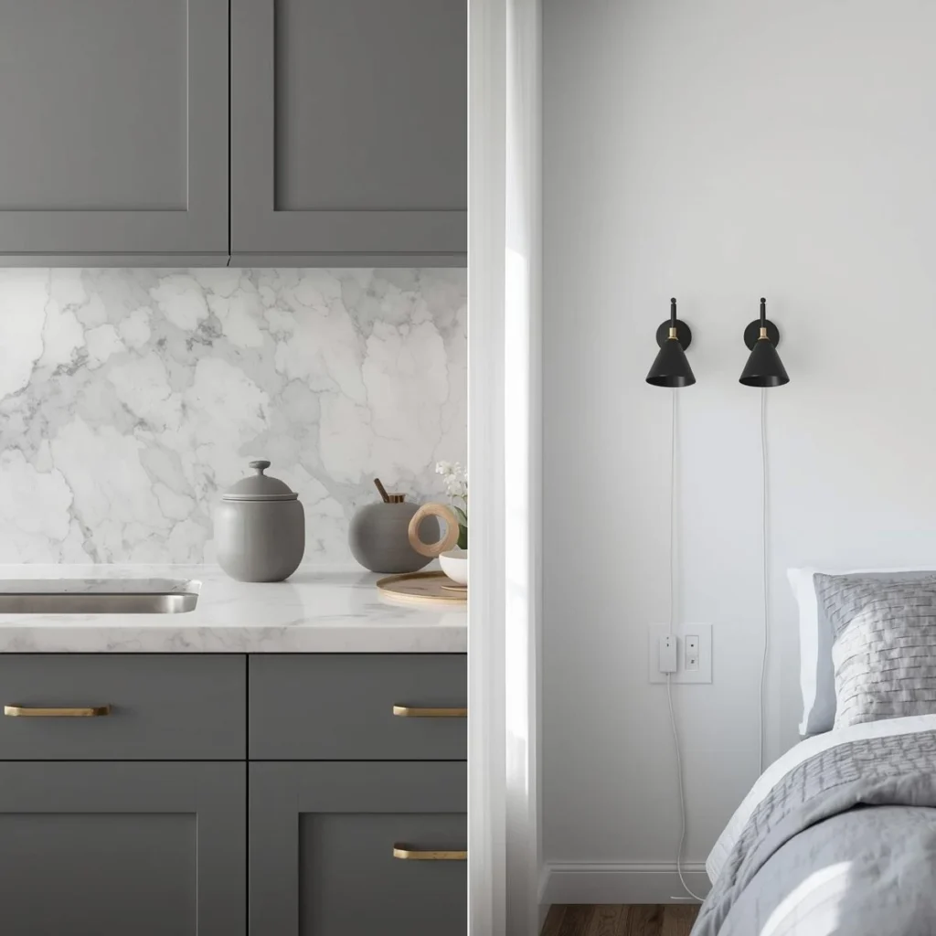 Rental kitchen shelf refreshed with marble contact paper and new hardware