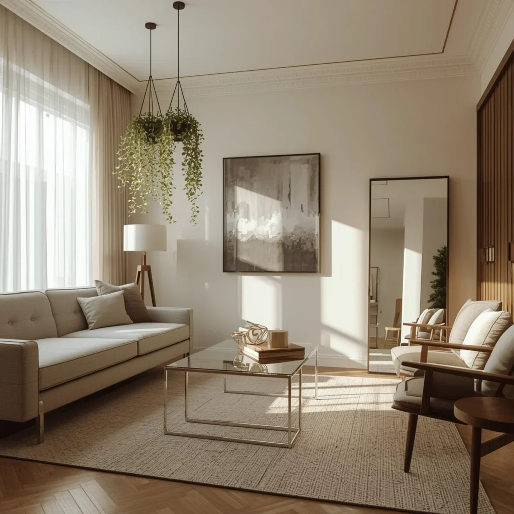 Small apartment living room with open walkways and light furniture