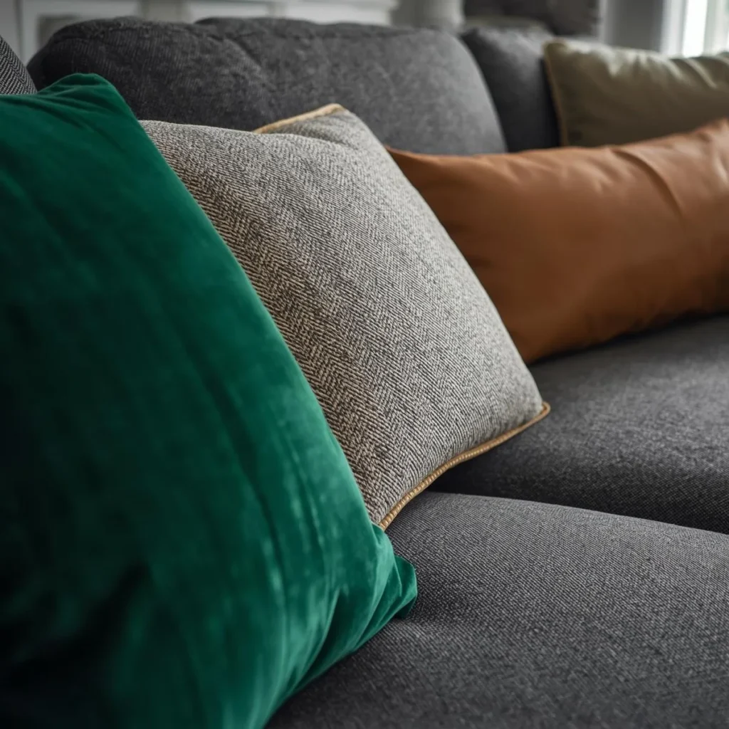 Close up of a charcoal grey sofa with emerald velvet, grey tweed and cognac leather pillows