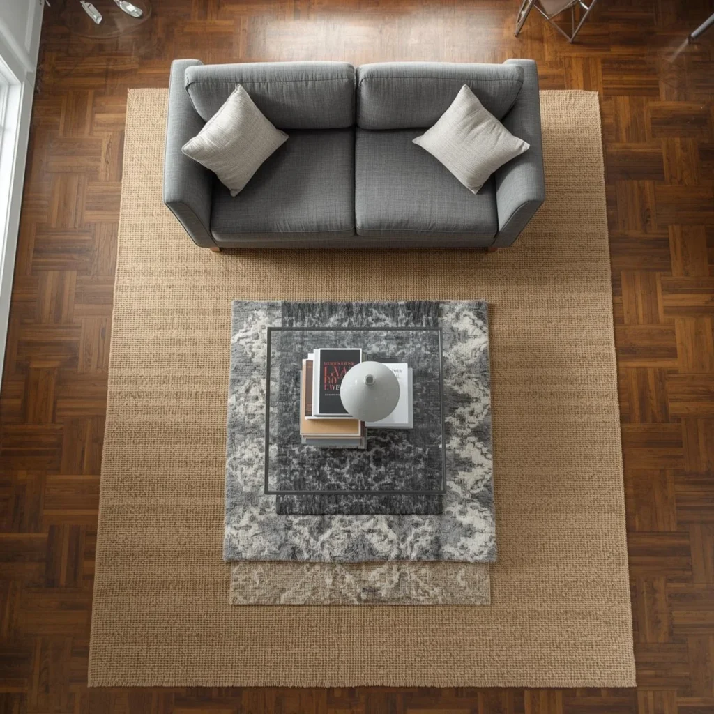 Top view of a grey loveseat on a large jute rug layered with a smaller patterned rug under the coffee table