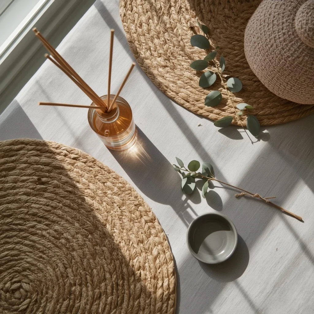 Soft throw, rug, and reed diffuser on a calm living room table