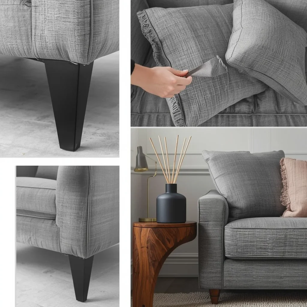 Grey sofa details: black tapered legs, a hand chopping a cushion, and a reed diffuser on a wood side table