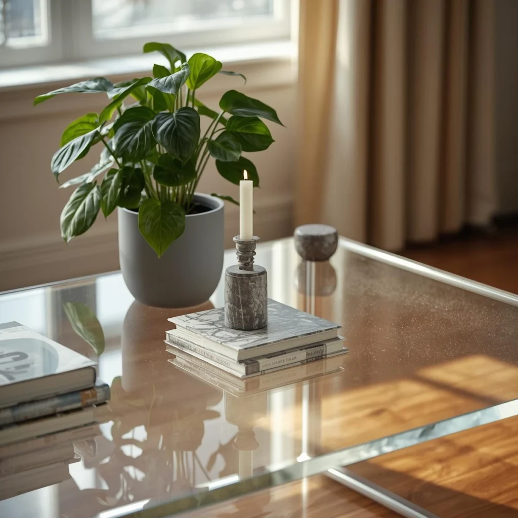 Coffee table vignette styled with three objects of mixed height