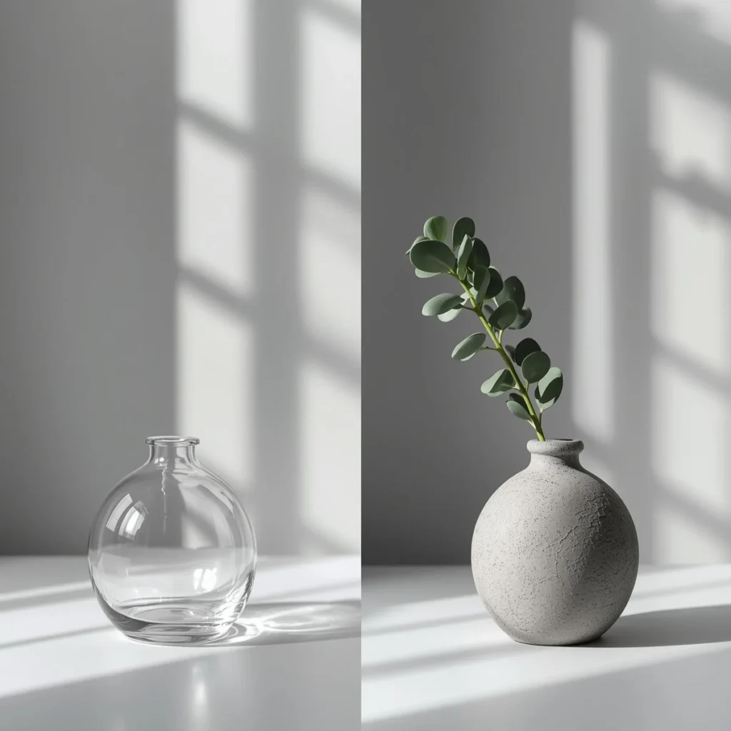 Matte ceramic vase and textured thrifted decor on a console