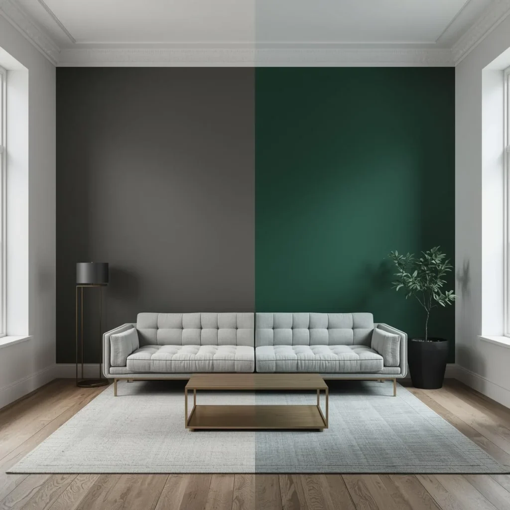 Light grey tufted sofa in front of a wall painted half charcoal grey and half emerald green