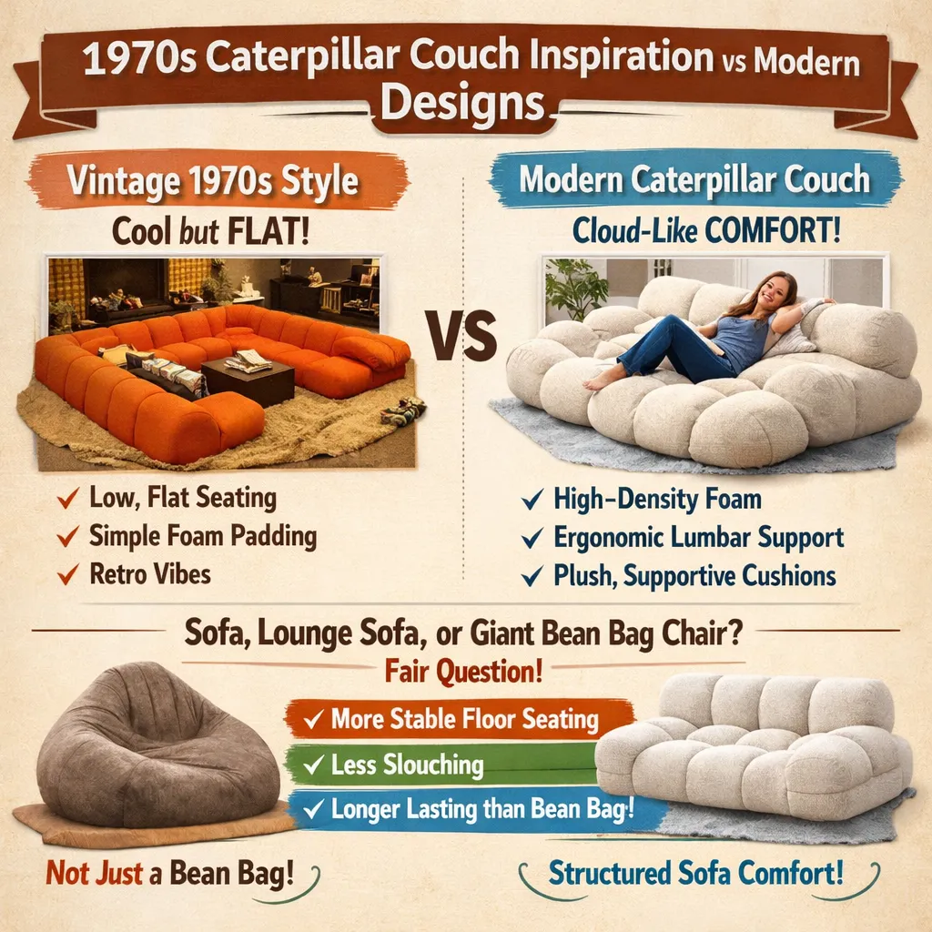 1970s lounge seating inspiration next to a modern caterpillar couch