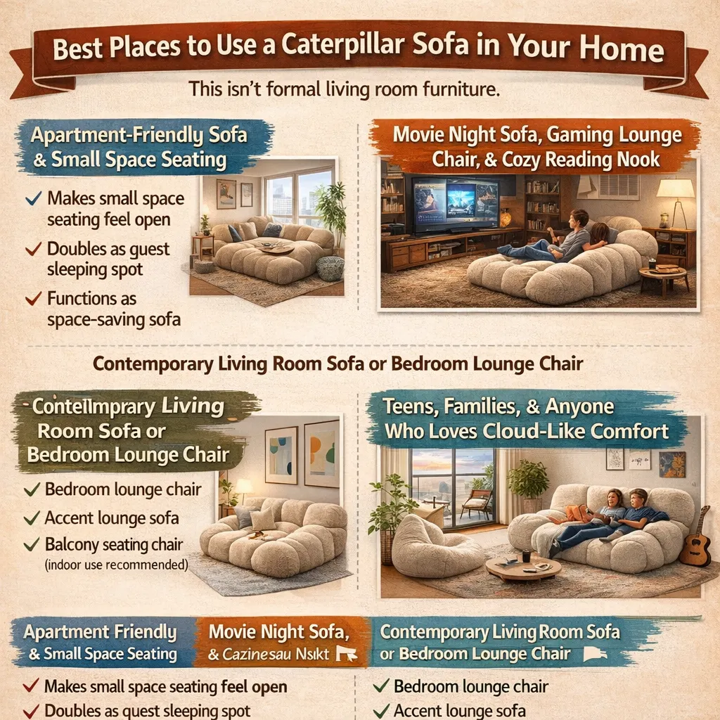 Caterpillar sofa styled in a small living room and reading corner