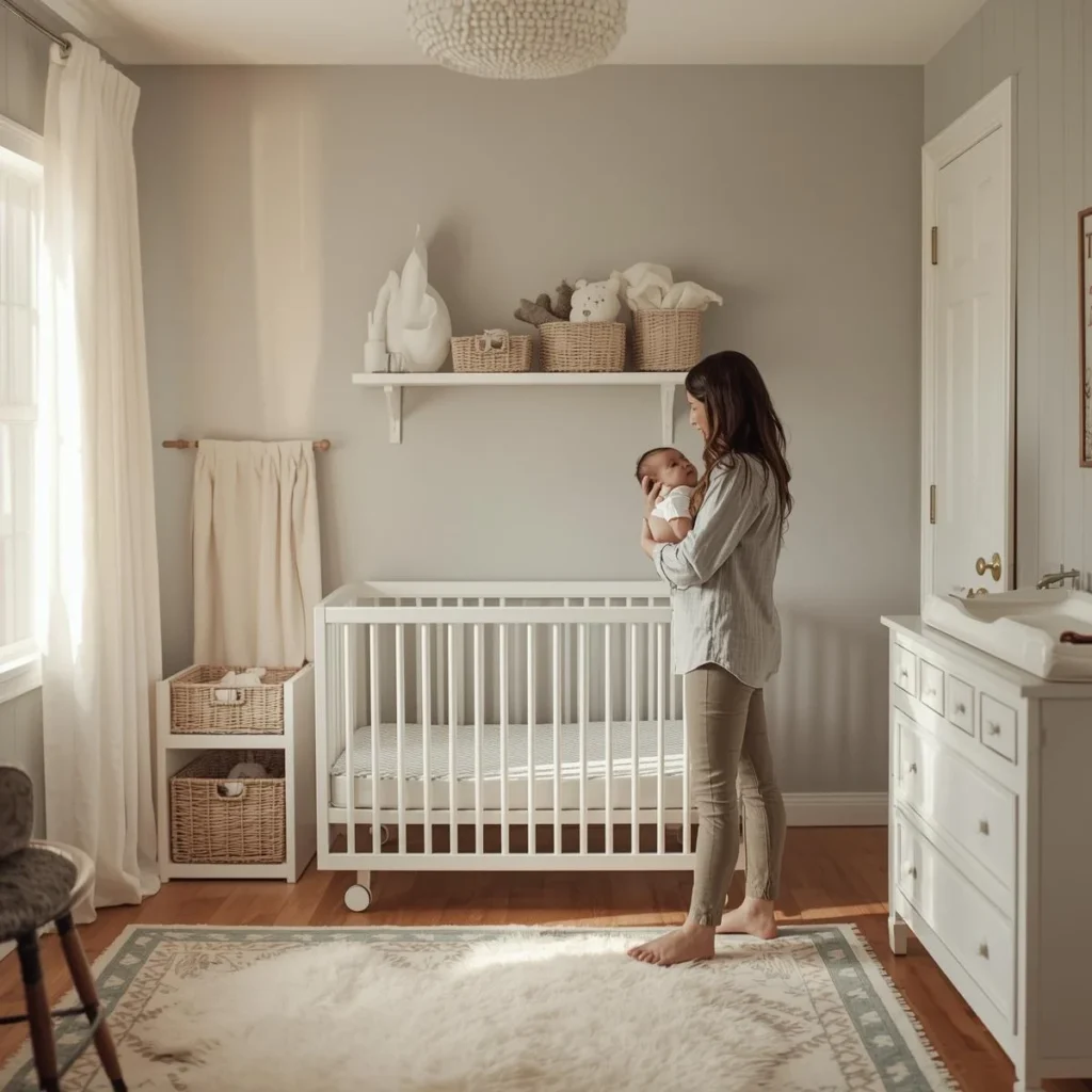 Parent holding a baby beside a white crib in a small, budget-friendly nursery