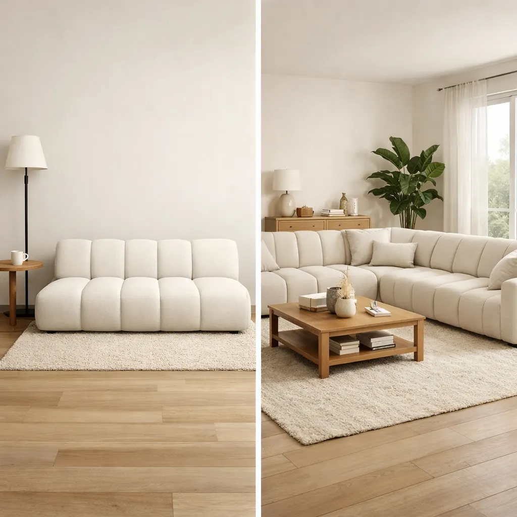 Single caterpillar sofa beside a longer caterpillar couch and sectional layout
