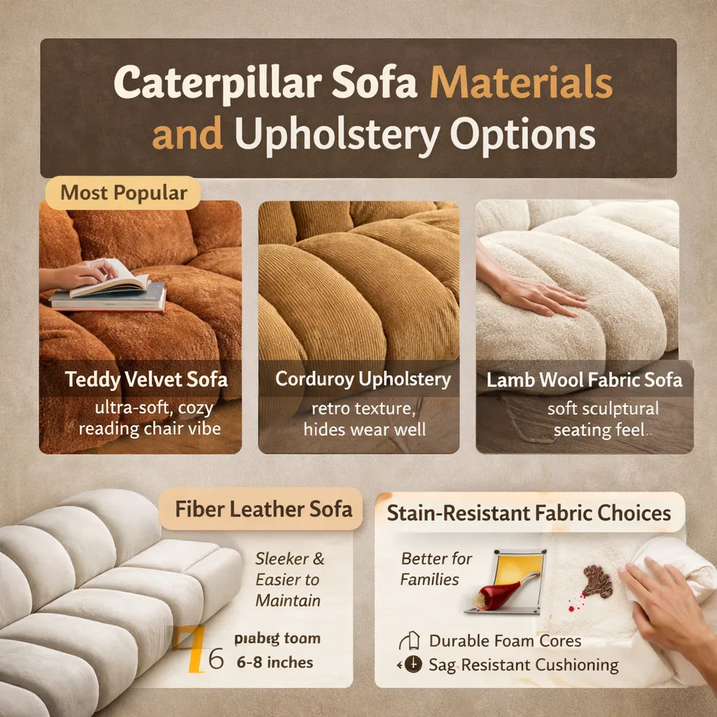 Teddy, corduroy, and chenille caterpillar sofa fabric options