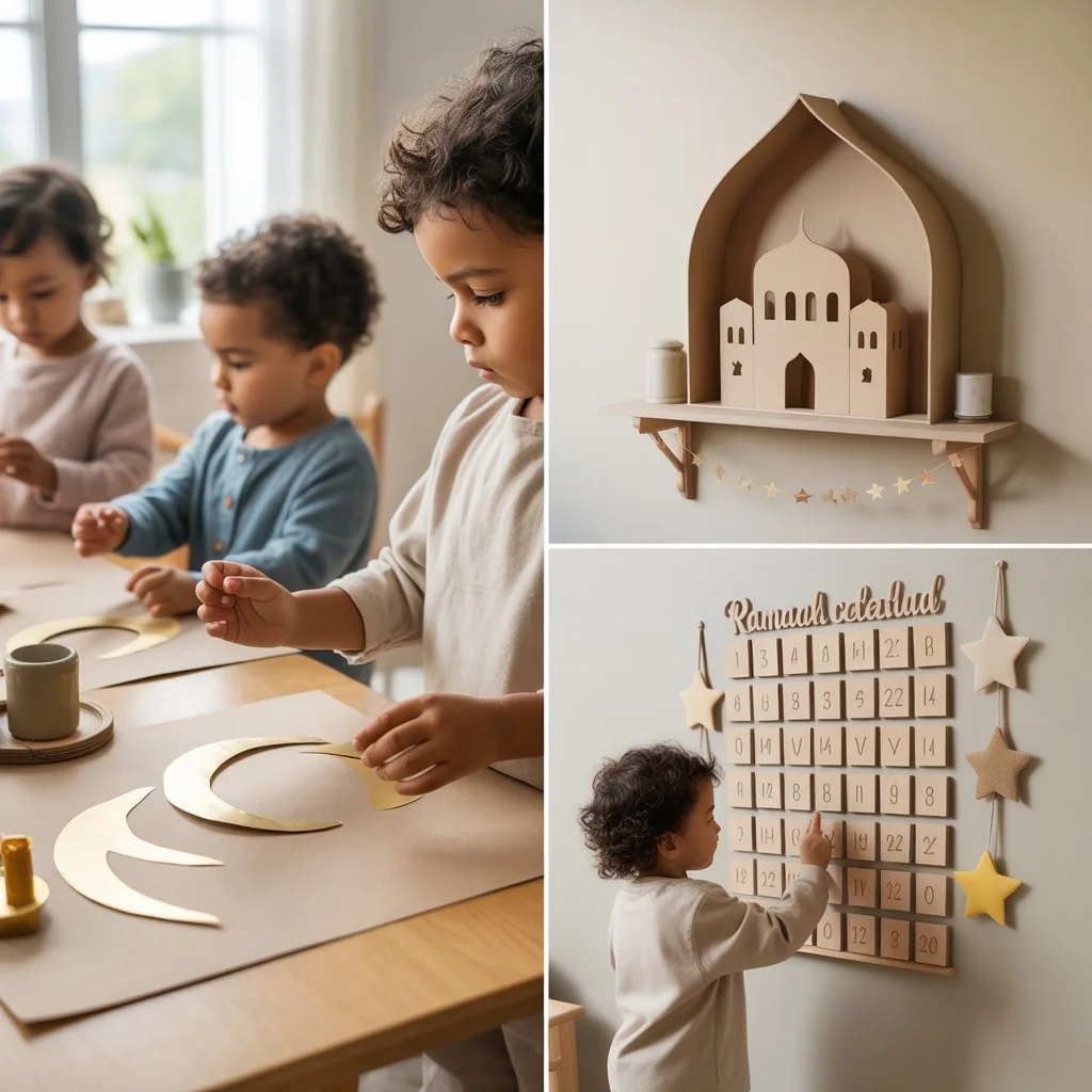 Children making paper crescent decorations, a cardboard mosque display and a Ramadan countdown calendar at child eye level