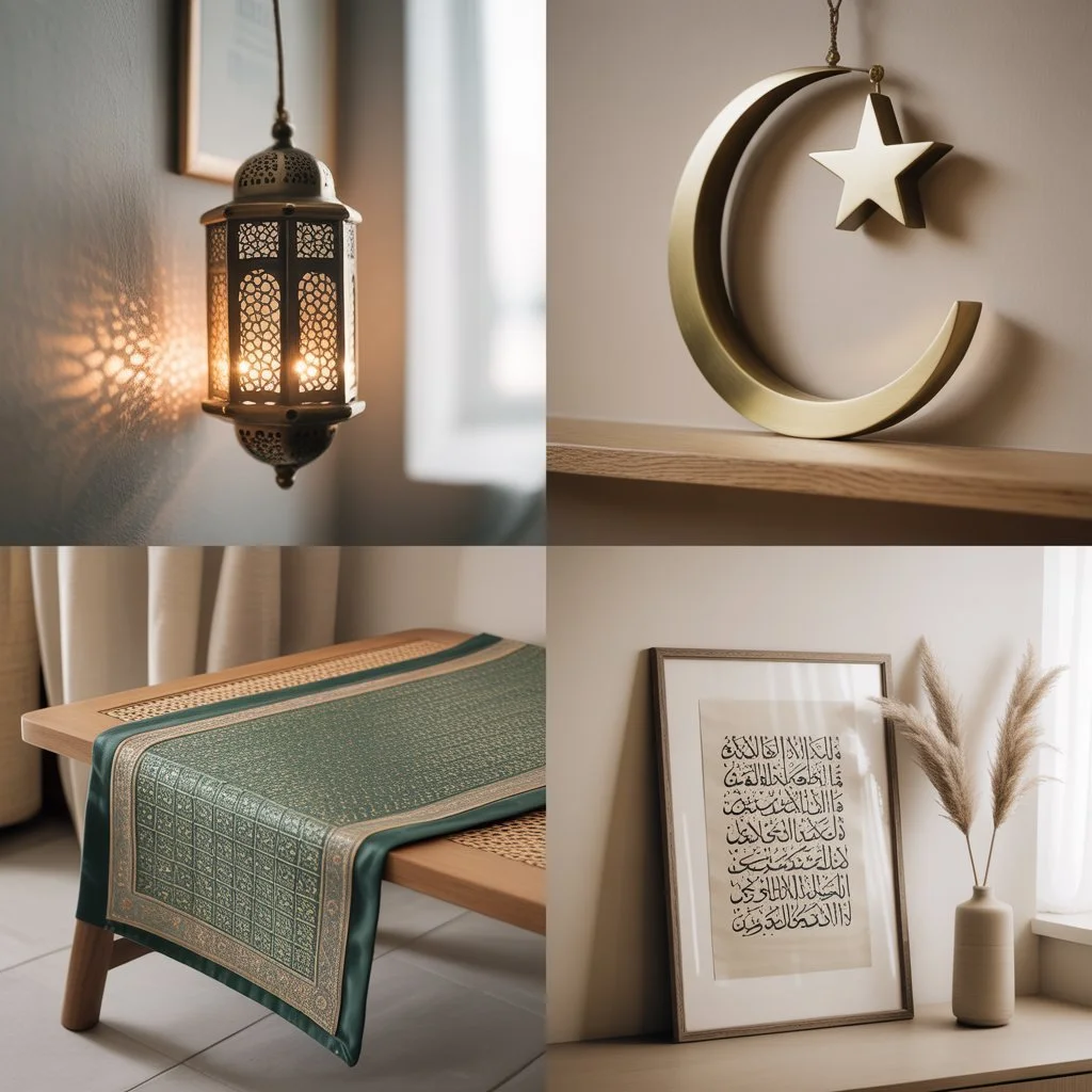 Collage of Ramadan decorations: brass fanous lantern, crescent moon and star decor, geometric textile and calligraphy art