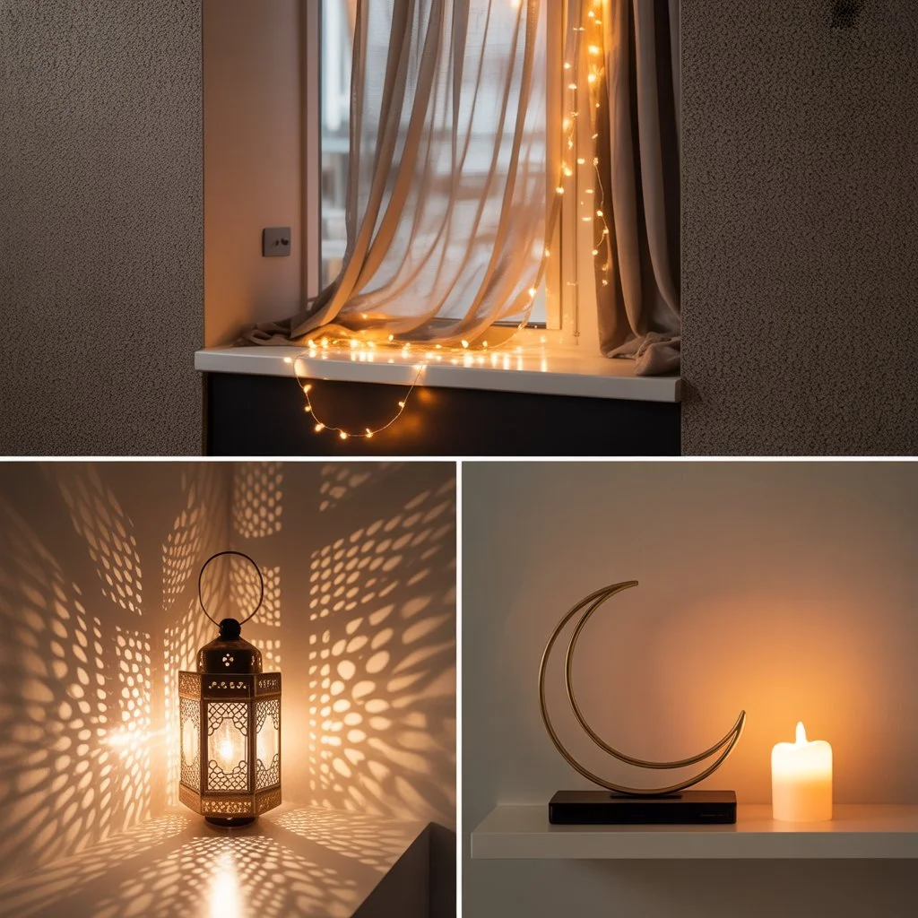 Ramadan lighting ideas: fairy lights in a window, a glowing brass lantern and crescent moon decor with soft ambient light