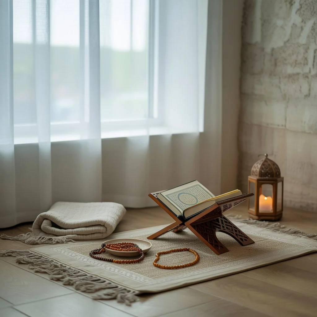 Minimal Ramadan prayer corner by a window with a neutral prayer mat, wooden Quran stand, prayer beads and soft daylight