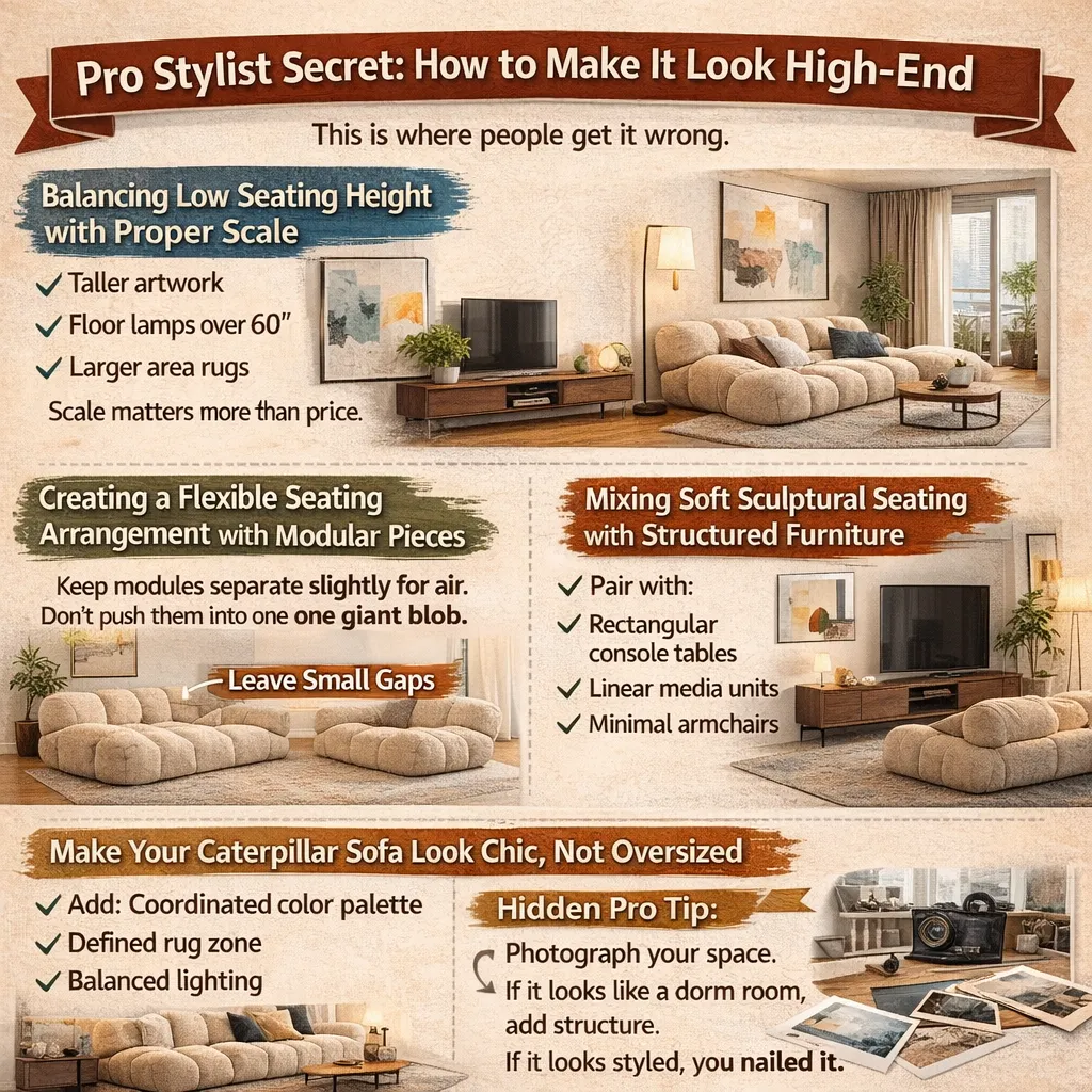 Styled caterpillar couch with pillows, throw, and tall lamp