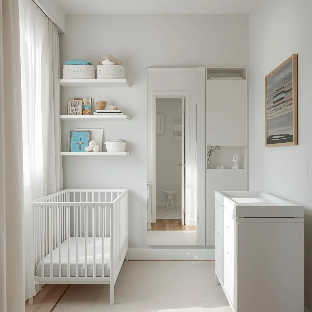 Small nursery with wall shelves, slim dresser and a white crib, saving floor space