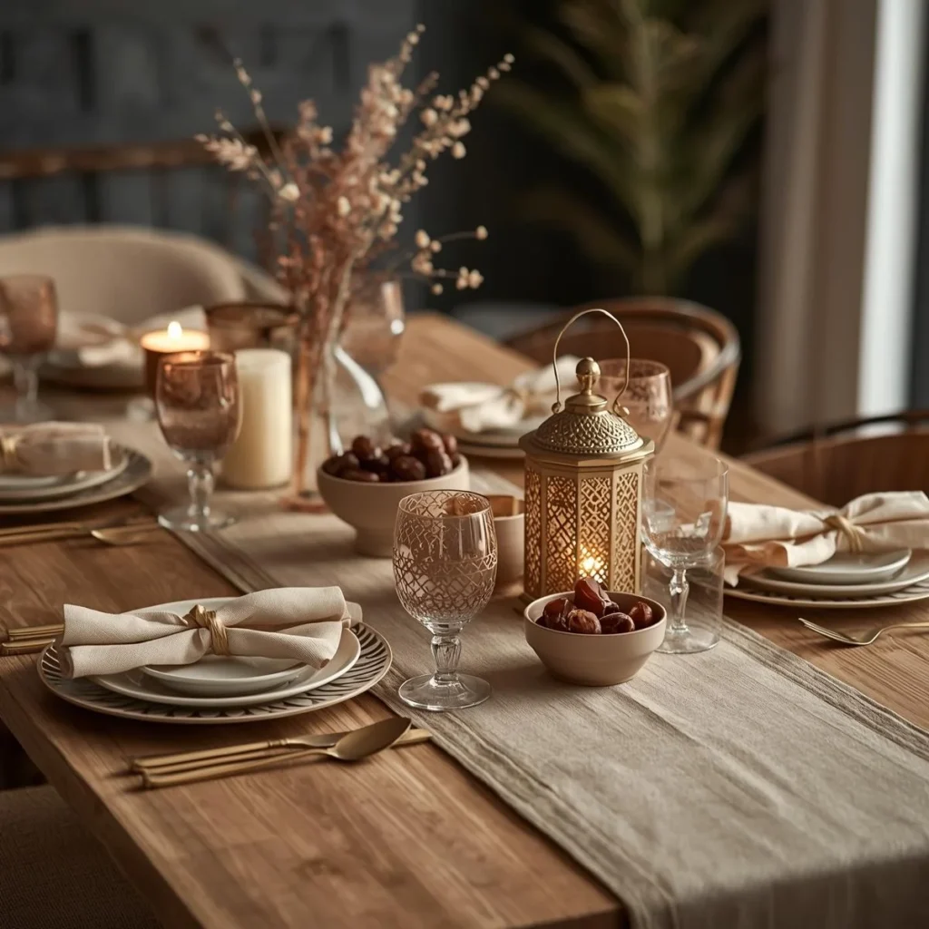 Ramadan iftar table with a linen runner, brass lantern centerpiece, bowl of dates, Arabic patterned plates and candlelight
