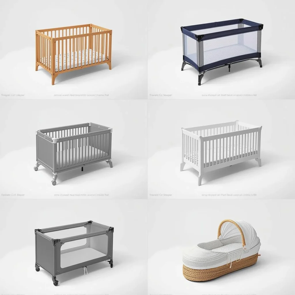 Grid of cot types: mini cribs, standard cribs, bedside cribs, travel cots and a bassinet