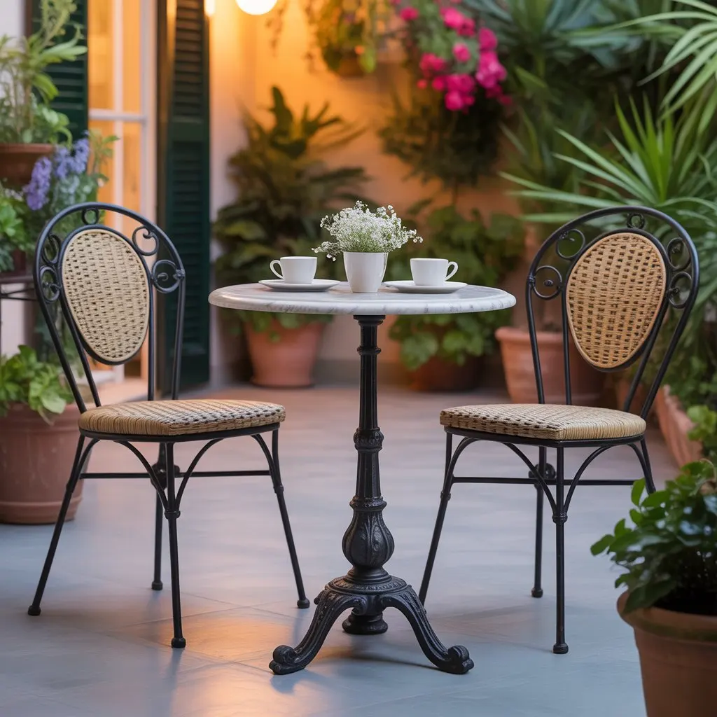 Small patio bistro table with two rattan-back chairs, a compact outdoor table set for a balcony