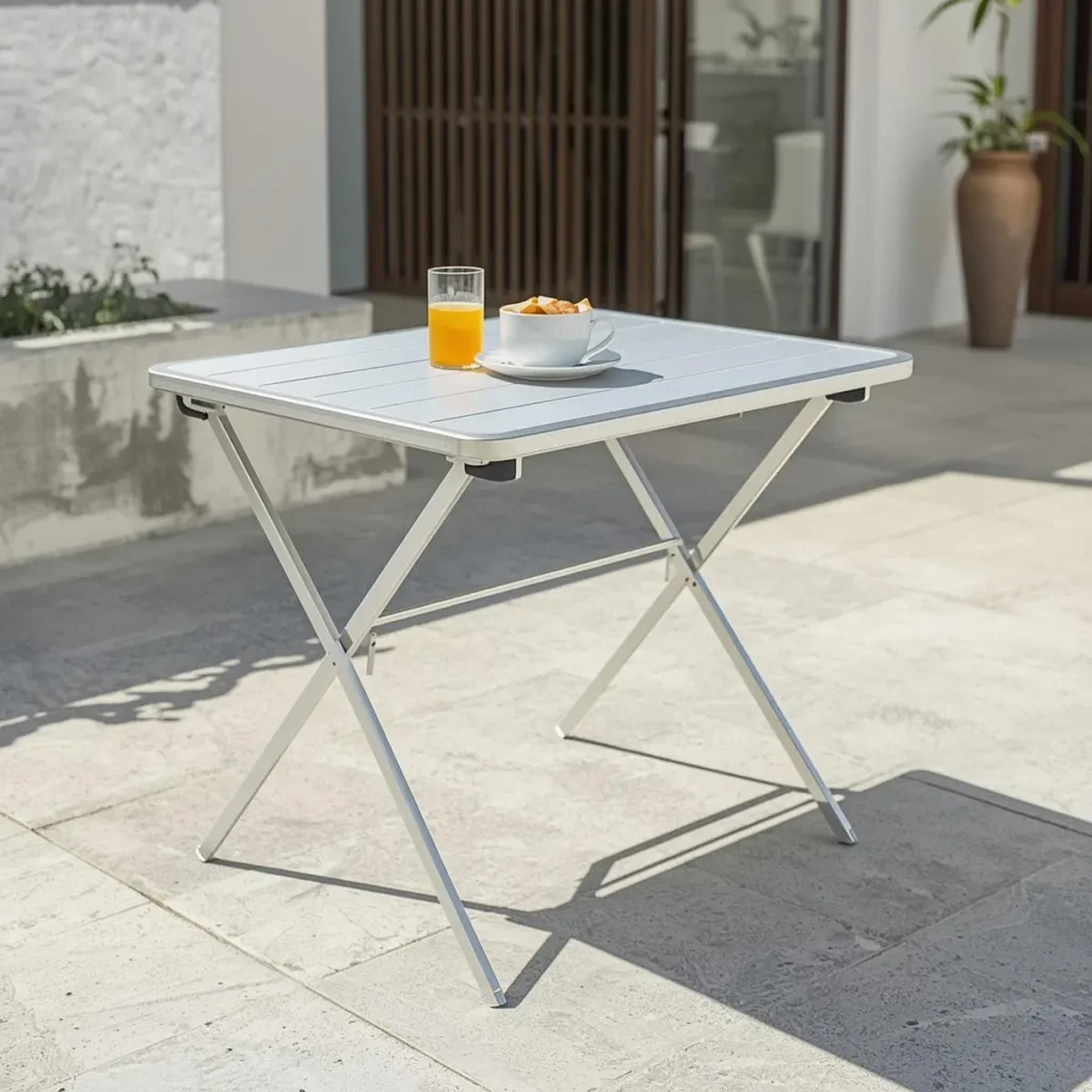White X-frame folding patio table on a stone patio, a budget pick among the best outdoor tables