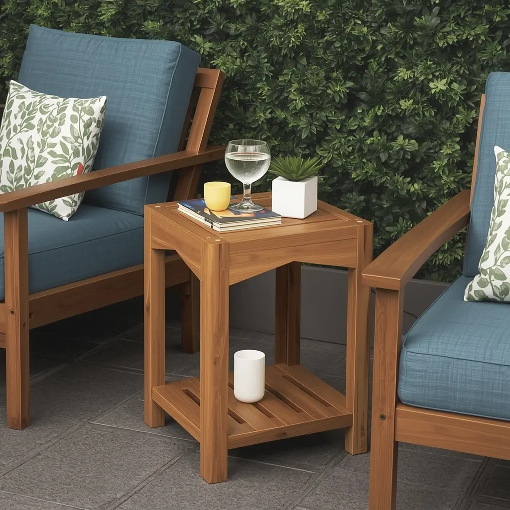 Wooden outdoor side table between two cushioned patio chairs, holding drinks and a book