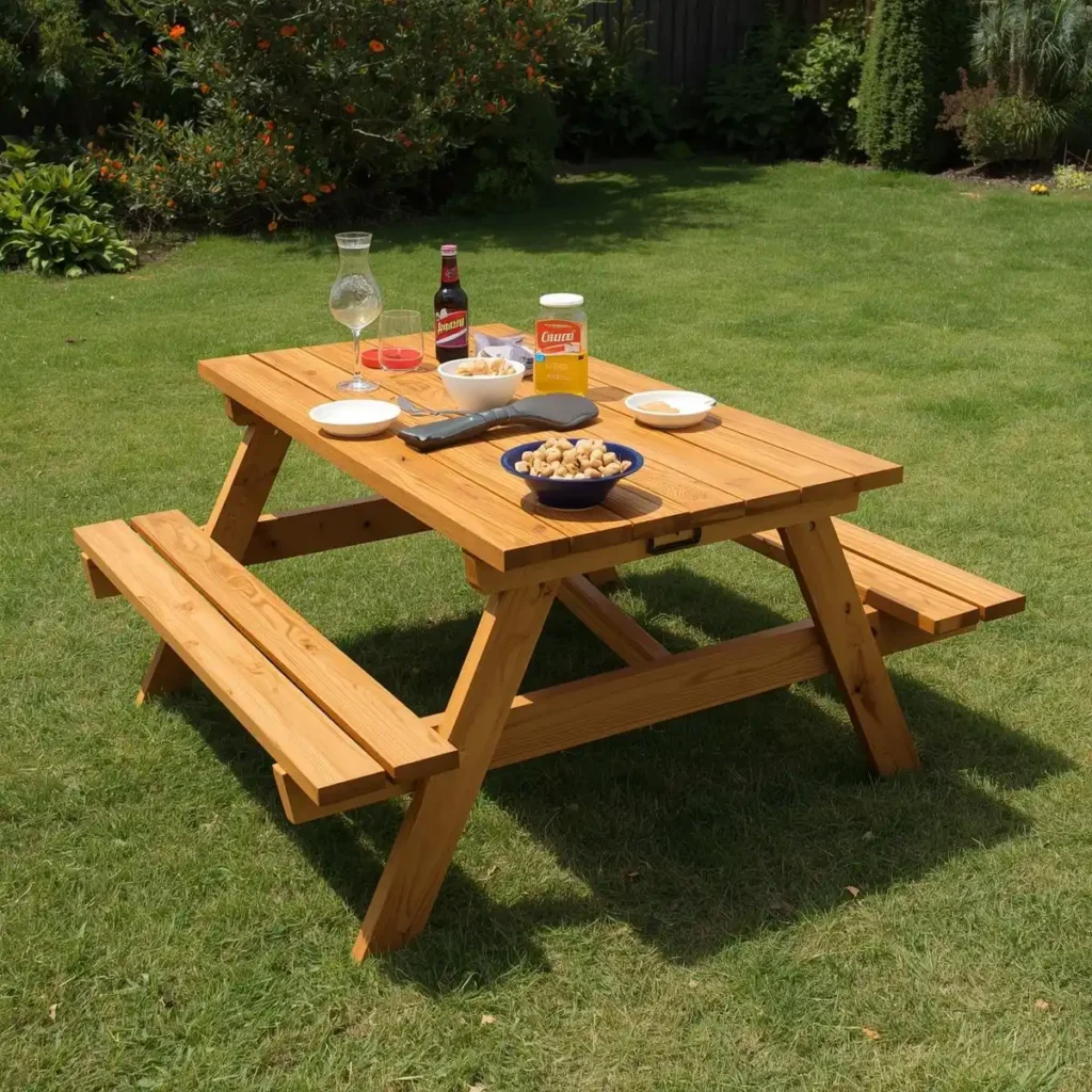 Wooden picnic table with attached benches on a backyard lawn, set for a family meal