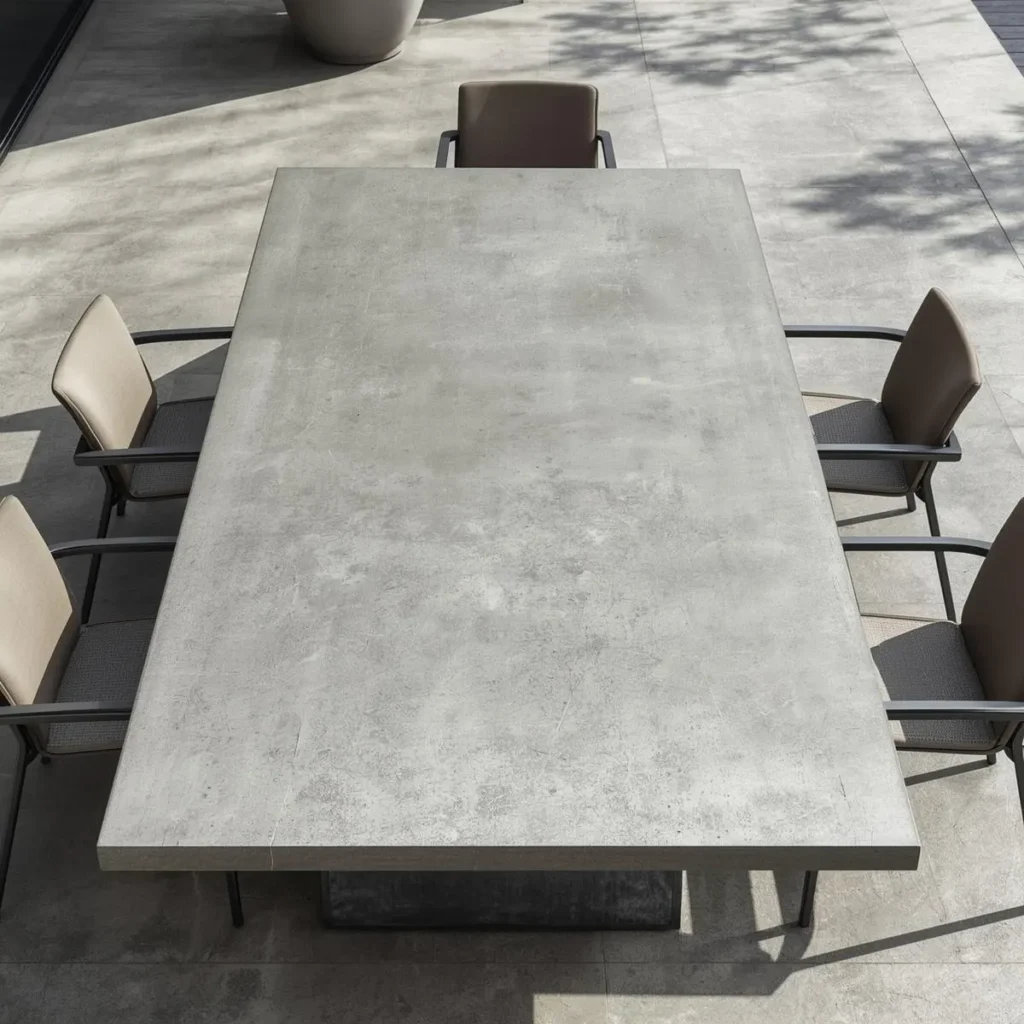 Concrete-look outdoor dining table with modern patio chairs, an example of a heavy stone table
