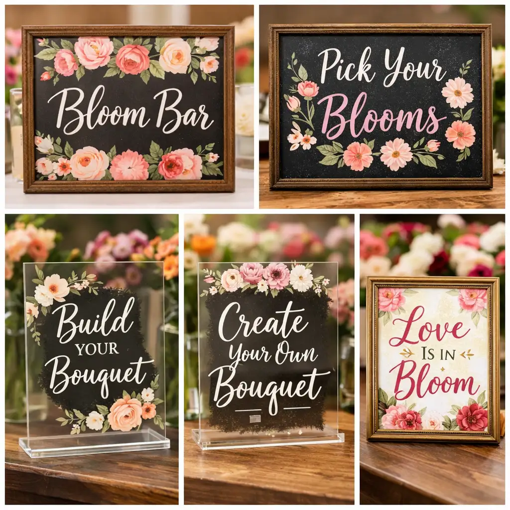 Five bloom bar signs reading Bloom Bar, Pick Your Blooms, Build Your Bouquet, Create Your Own Bouquet and Love Is in Bloom