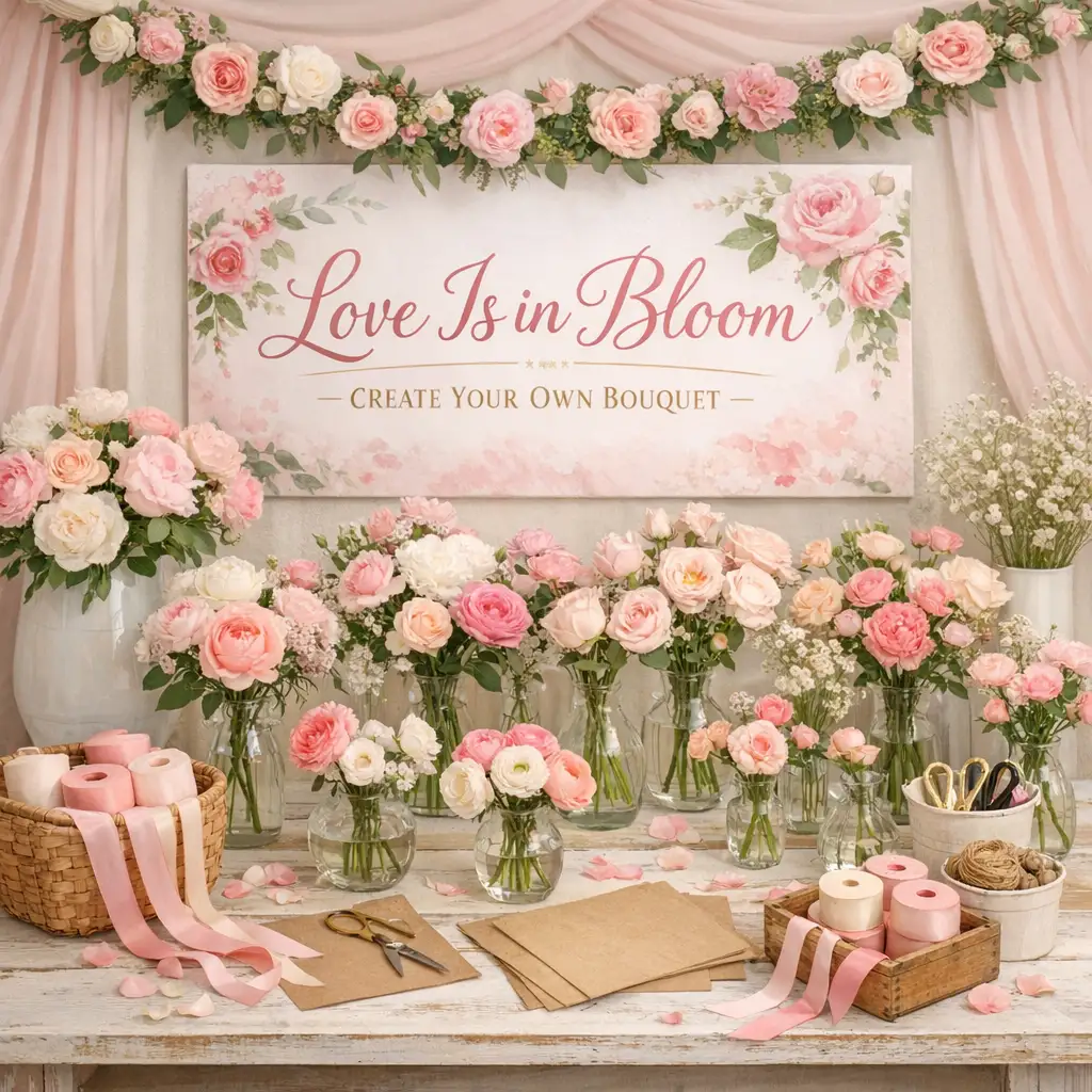 Bridal shower bloom bar with pink roses in glass jars, a Love Is in Bloom sign, ribbon spools and kraft wrap on a white table