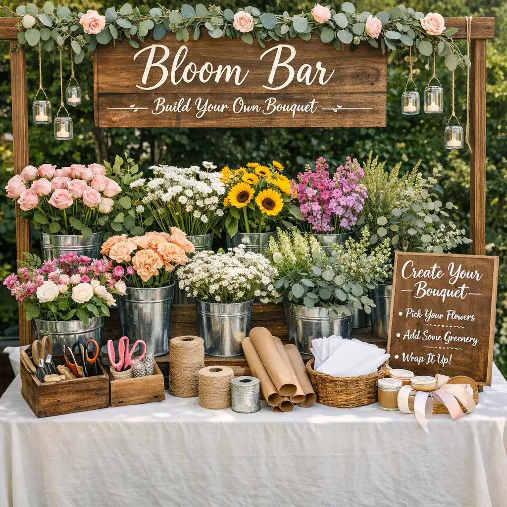 Flower bar table with a Bloom Bar sign, sunflowers and roses in metal buckets, twine and kraft rolls under string lights