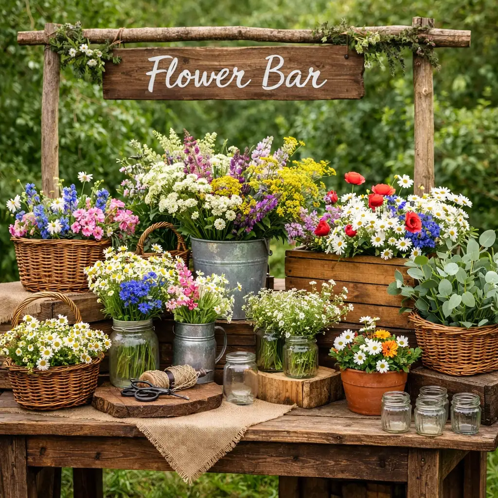 Outdoor garden party flower bar with a wooden sign, wildflowers in galvanized buckets and wicker baskets on a rustic table