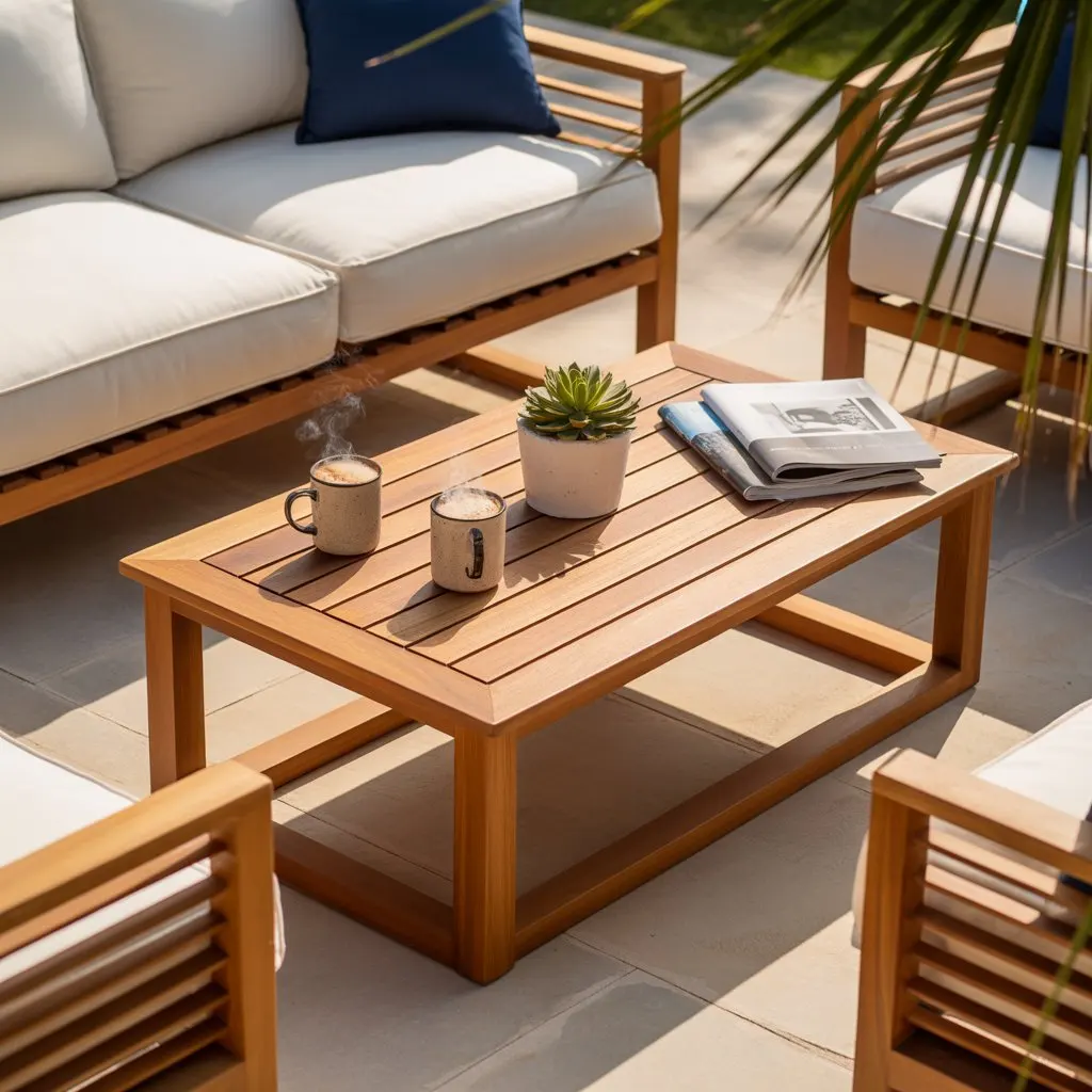 Wooden outdoor coffee table between cushioned patio sofas with mugs and a small plant