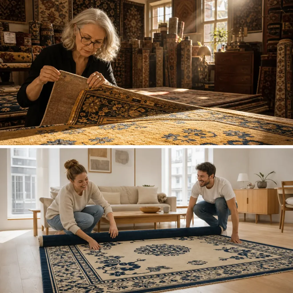 Checking a Chinese Art Deco rug: a buyer inspects a gold rug at a dealer and a couple unrolls a navy medallion rug