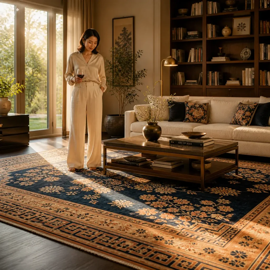 Navy and gold Chinese Art Deco rug with a key fret border anchoring a warm living room with a cream sofa