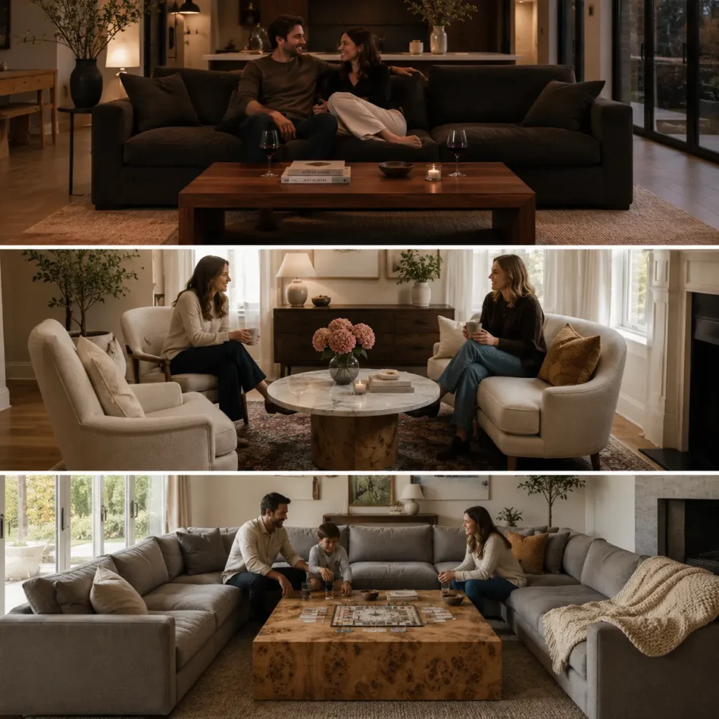 Rectangular and round coffee table shapes paired with different sofa layouts