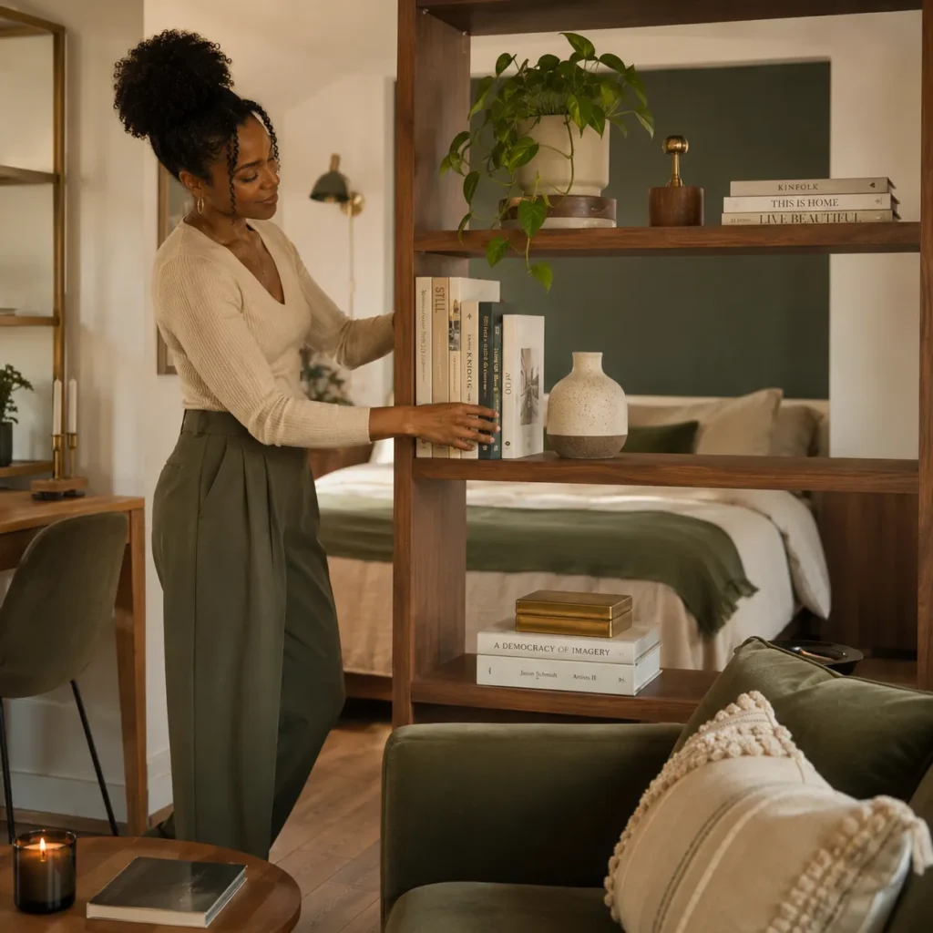 Open bookcase used as a room divider between bed and sofa in a studio