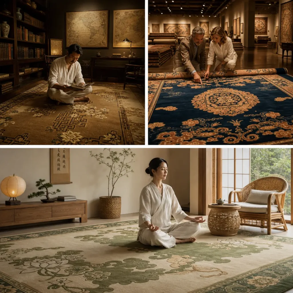 Art deco Chinese rugs in gold and navy medallion designs and a sage green floral rug in calm, warmly lit rooms