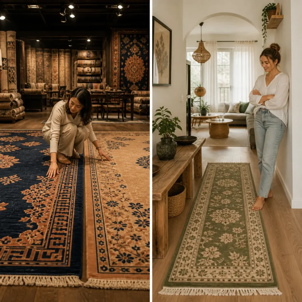 Shopping for Chinese Art Deco rugs: checking a navy rug in a showroom and a sage green runner in a bright hallway