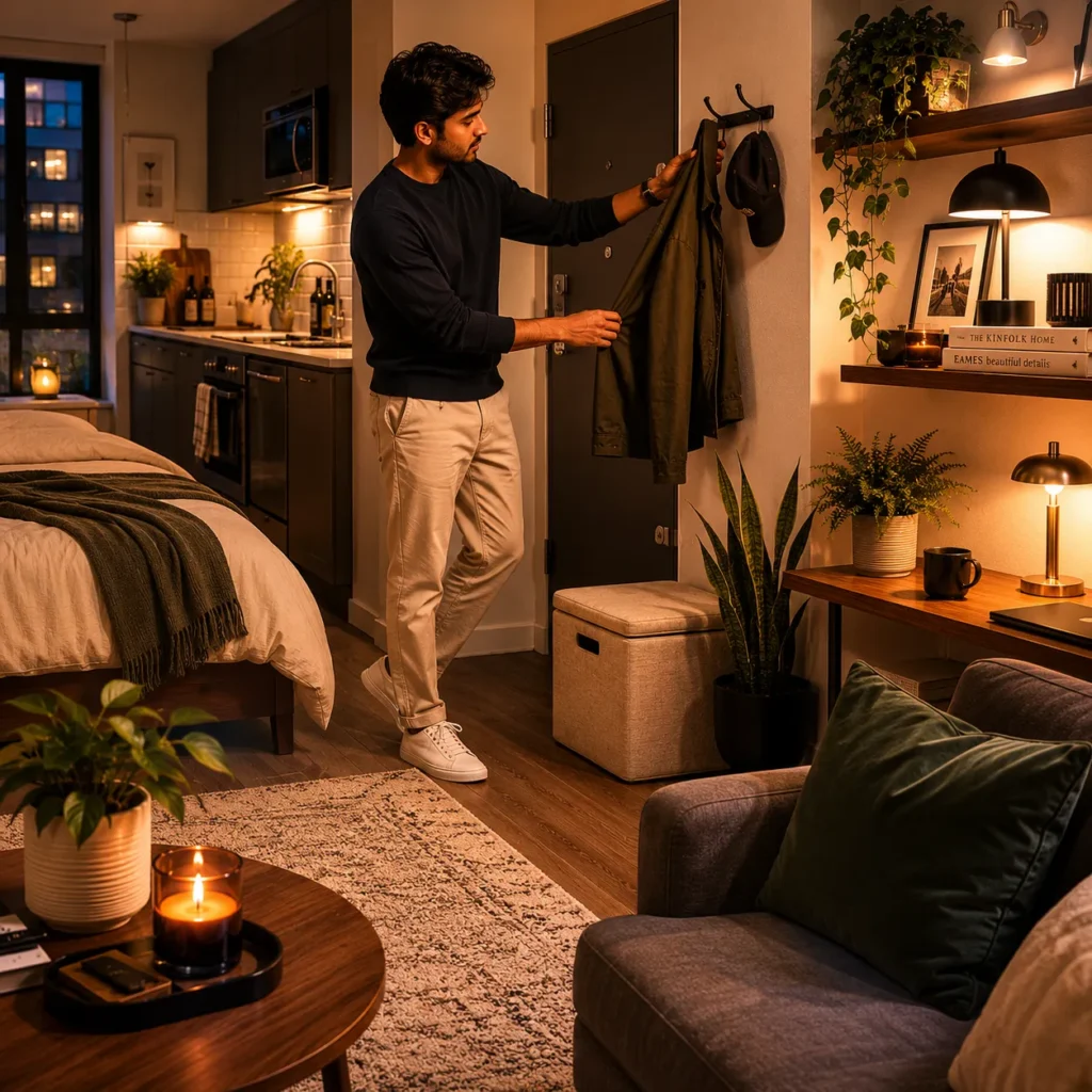 Cluttered studio apartment surfaces that make the room feel smaller