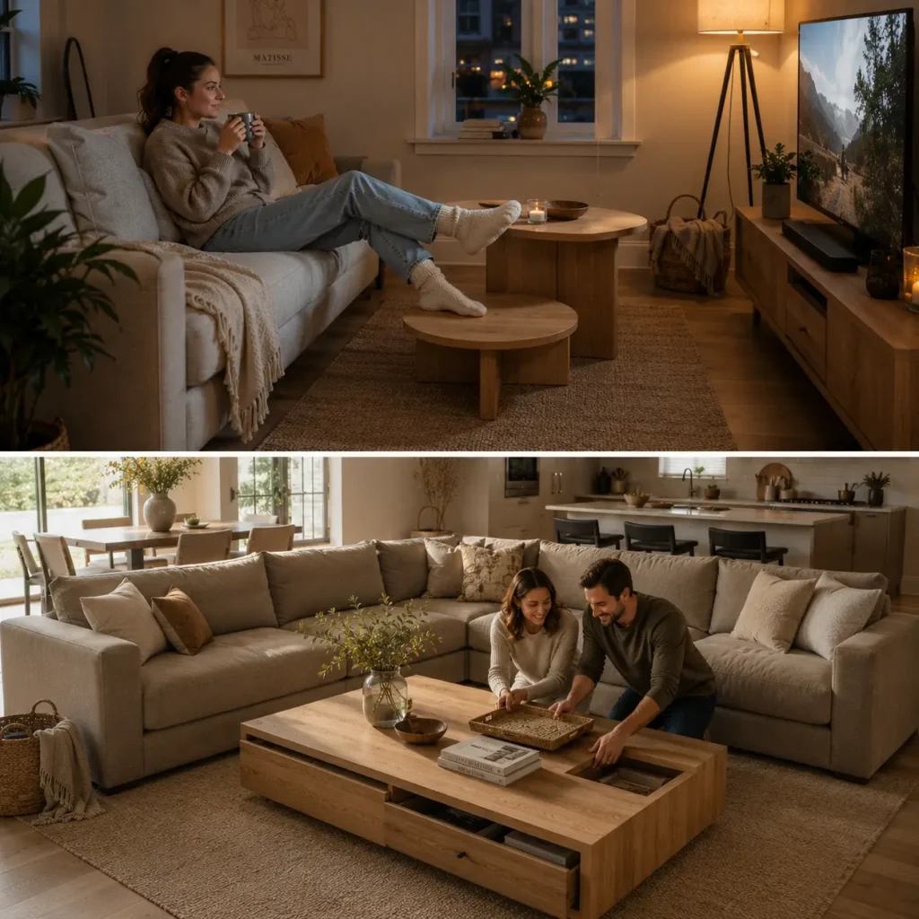 Small space coffee table in a cozy apartment living room with a sectional