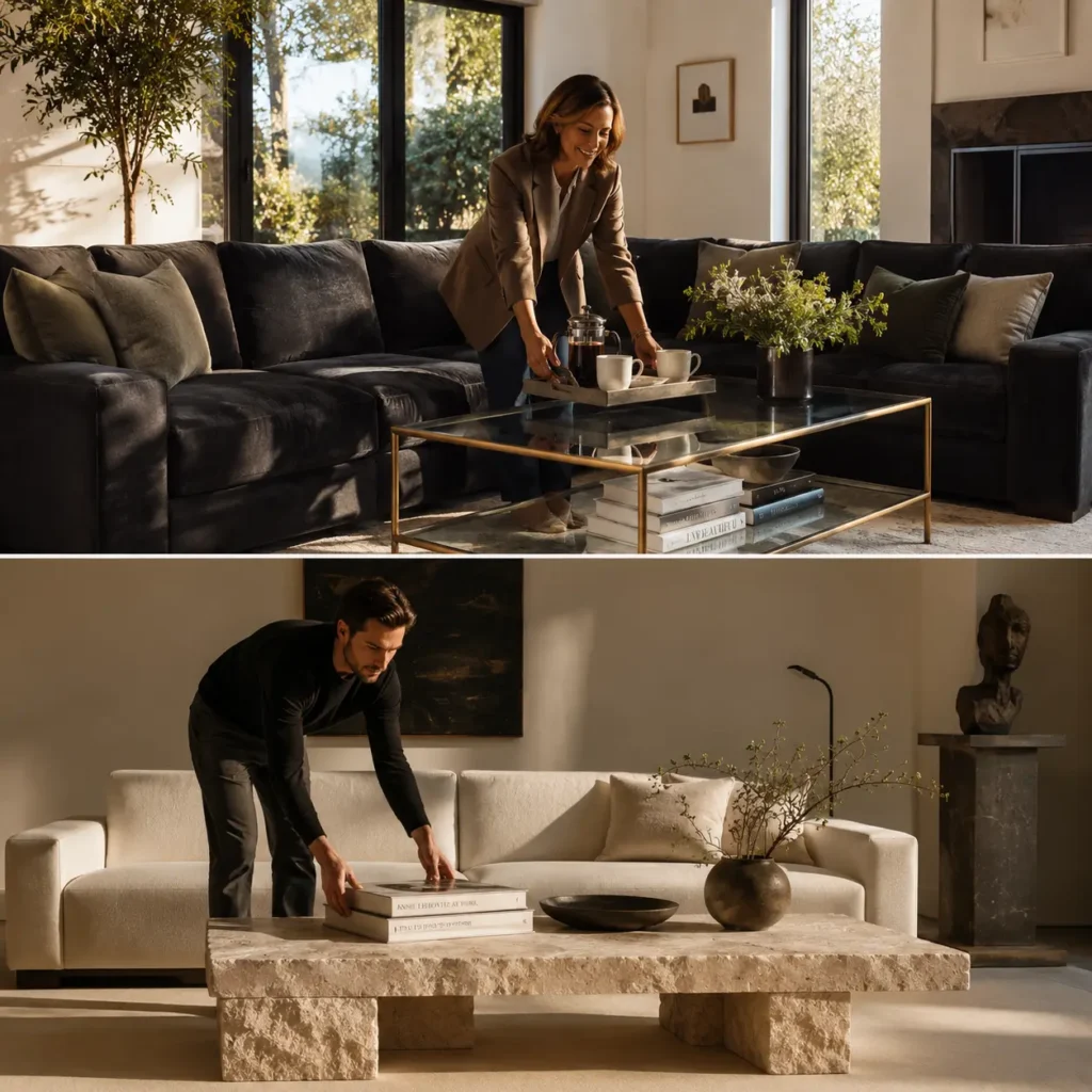 Coffee table balanced with a sofa through contrasting shapes and materials