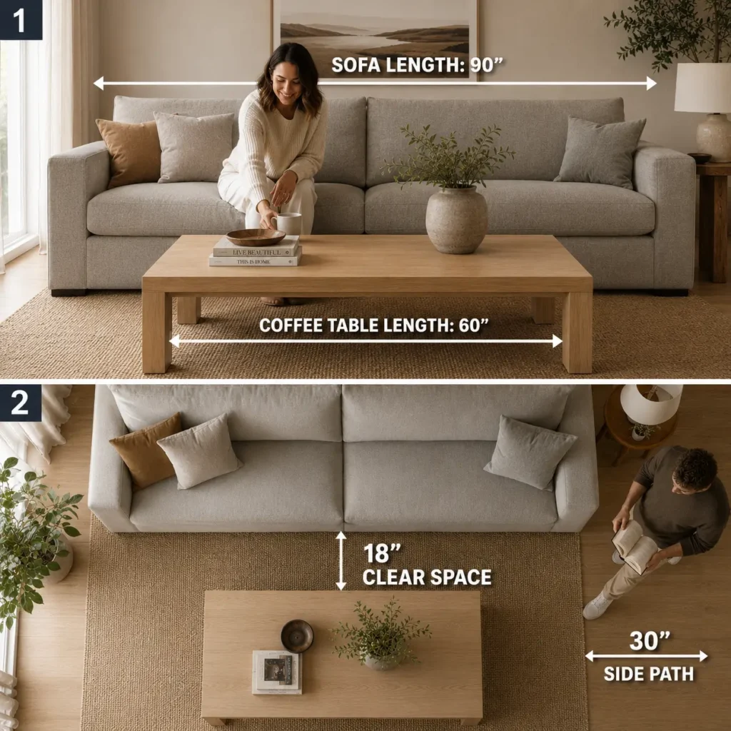 How to pick a coffee table: a 60 inch coffee table for a 90 inch sofa with 18 inches of clearance