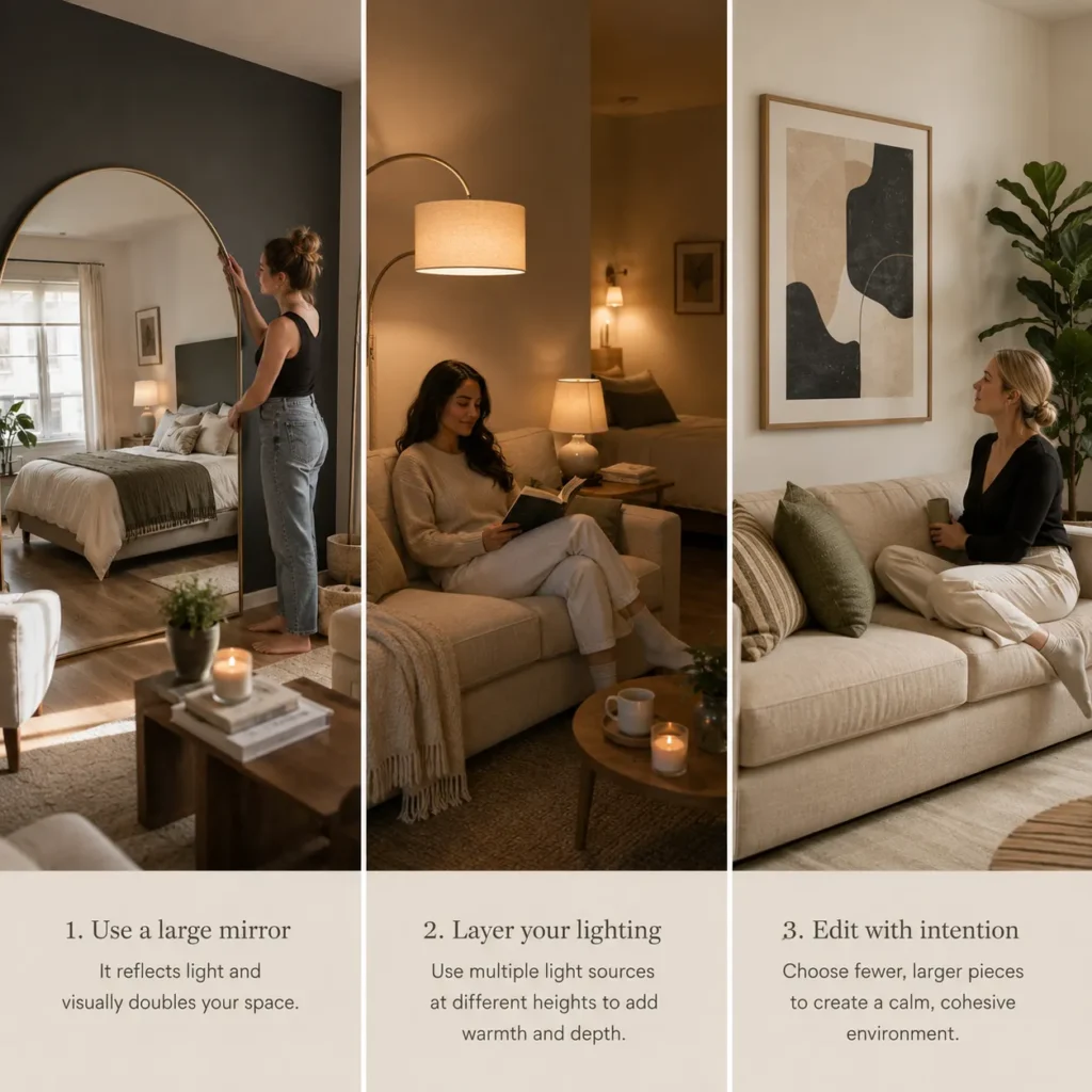 Light walls, mirror and warm lamps making a studio feel bigger